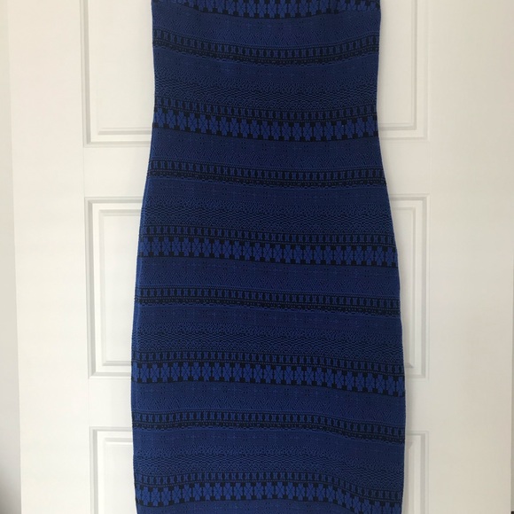 Blue/black strapless midi dress back zipper - bebe - Picture 3 of 6